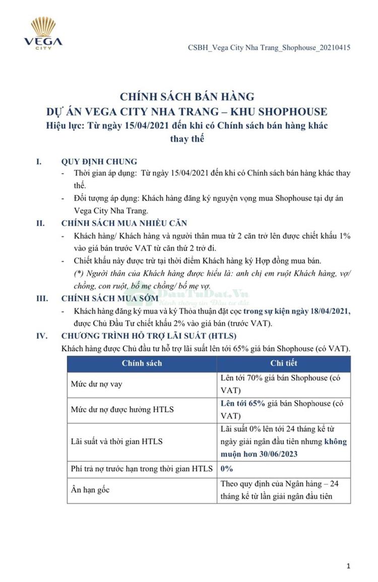 Chính sách bán hàng Vega City Nha Trang
