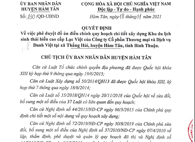 Quyết định phê duyệt đồ án quy hoạch chi tiết xây dựng khu du lịch sinh thái Biển Cao Cấp Lạc Việt (Venezia Beach)