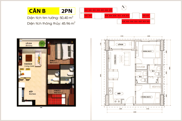 Thiết kế căn hộ B của dự án Bcons Suối Tiên