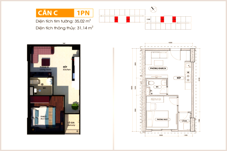 Thiết kế căn hộ C của dự án Bcons Suối Tiên